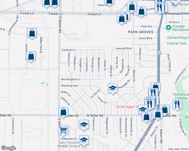 map of restaurants, bars, coffee shops, grocery stores, and more near 2302 Mockingbird Lane in Garland