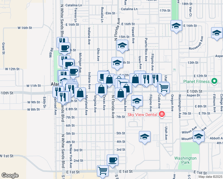 map of restaurants, bars, coffee shops, grocery stores, and more near 918 Texas Avenue in Alamogordo