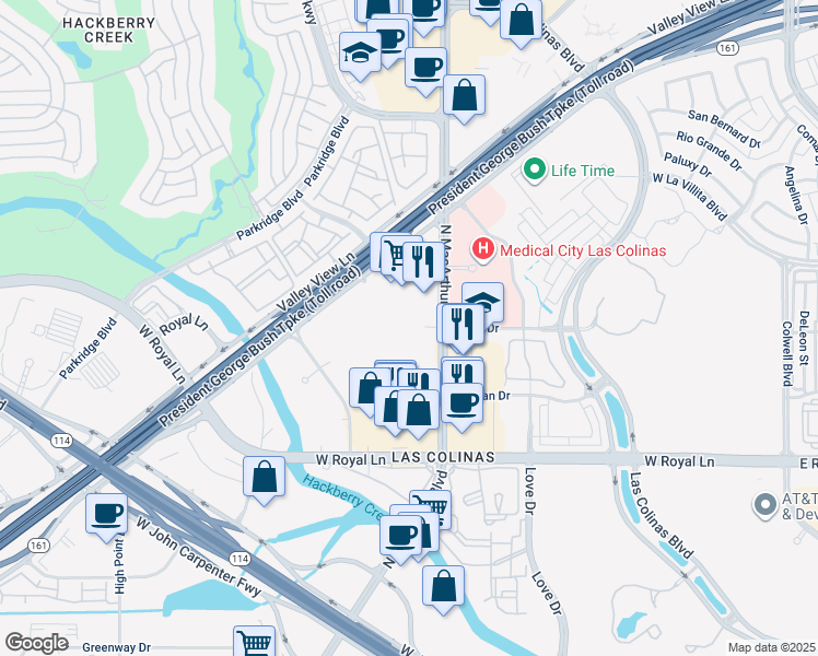 map of restaurants, bars, coffee shops, grocery stores, and more near Fluor in Irving
