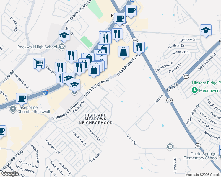 map of restaurants, bars, coffee shops, grocery stores, and more near 2529 Waterstone Lane in Rockwall
