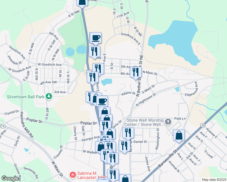 map of restaurants, bars, coffee shops, grocery stores, and more near 300 Adams Street in Thomaston
