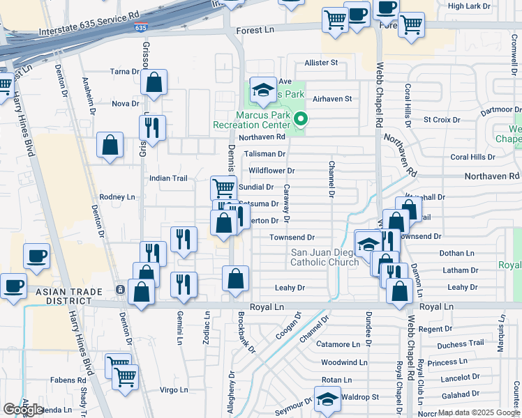 map of restaurants, bars, coffee shops, grocery stores, and more near 2952 Silverton Drive in Dallas