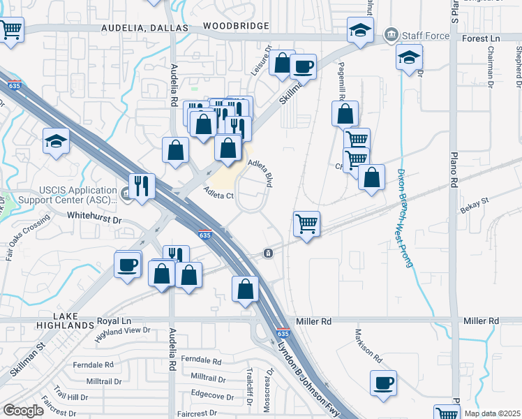 map of restaurants, bars, coffee shops, grocery stores, and more near 9957 Adleta Boulevard in Dallas