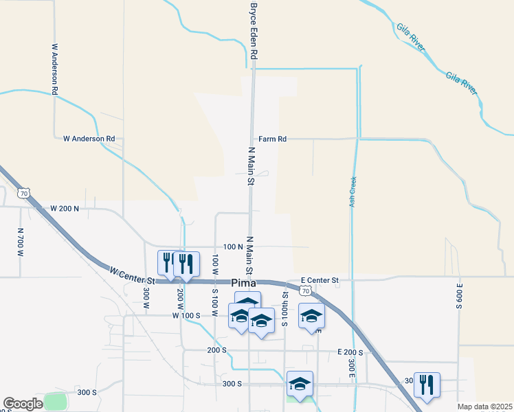 map of restaurants, bars, coffee shops, grocery stores, and more near 215 North Main Street in Pima