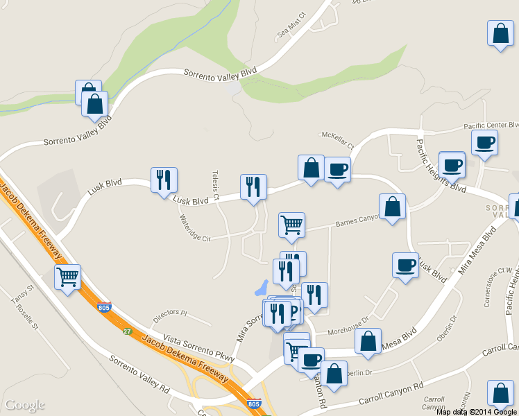 map of restaurants, bars, coffee shops, grocery stores, and more near 10201 Wateridge Circle in San Diego