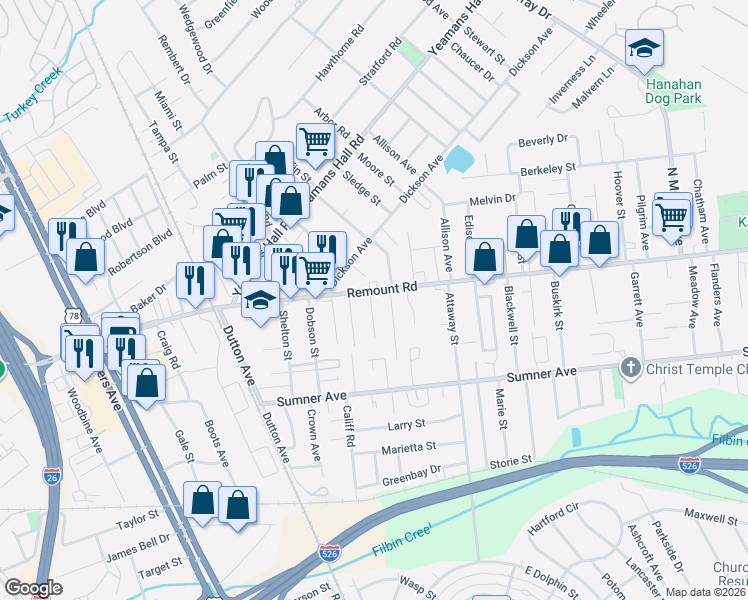 map of restaurants, bars, coffee shops, grocery stores, and more near 1633 Remount Road in North Charleston