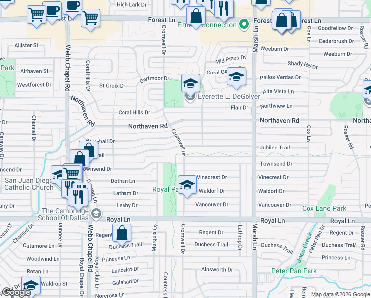 map of restaurants, bars, coffee shops, grocery stores, and more near 3475 Townsend Dr in Dallas
