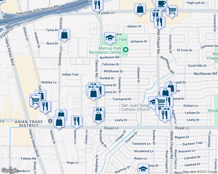 map of restaurants, bars, coffee shops, grocery stores, and more near 2952 Silverton Drive in Dallas