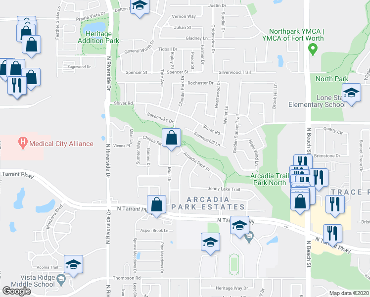 map of restaurants, bars, coffee shops, grocery stores, and more near 8713 Rainy Lake Drive in Fort Worth