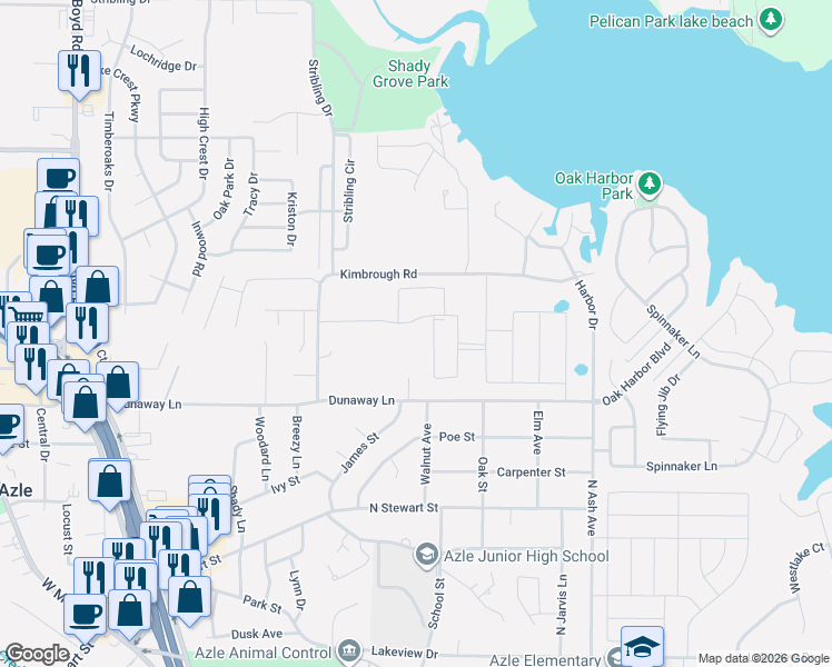 map of restaurants, bars, coffee shops, grocery stores, and more near 825 Dunaway Lane in Azle
