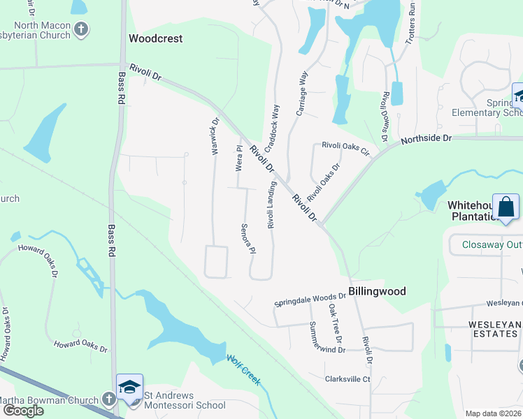 map of restaurants, bars, coffee shops, grocery stores, and more near 117 Senora Place in Macon