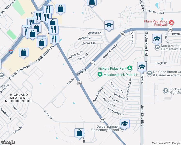 map of restaurants, bars, coffee shops, grocery stores, and more near 2525 Eastwood Drive in Rockwall
