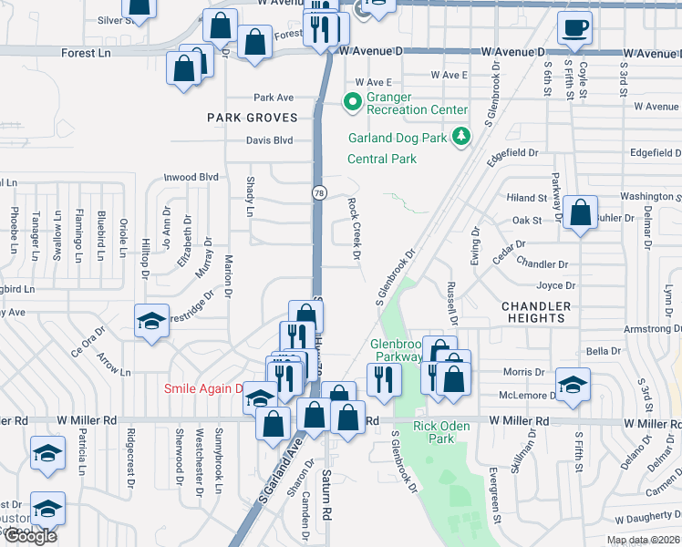map of restaurants, bars, coffee shops, grocery stores, and more near 1600 South Garland Avenue in Garland
