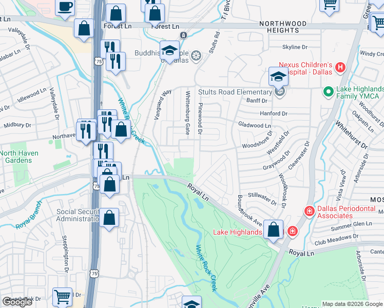map of restaurants, bars, coffee shops, grocery stores, and more near 9023 Pinewood Drive in Dallas