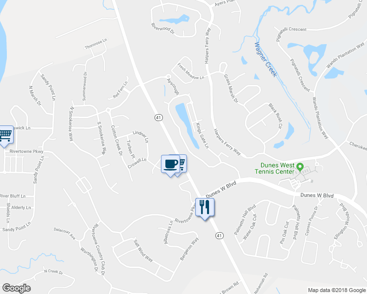 map of restaurants, bars, coffee shops, grocery stores, and more near 2144 Kings Gate Lane in Mount Pleasant