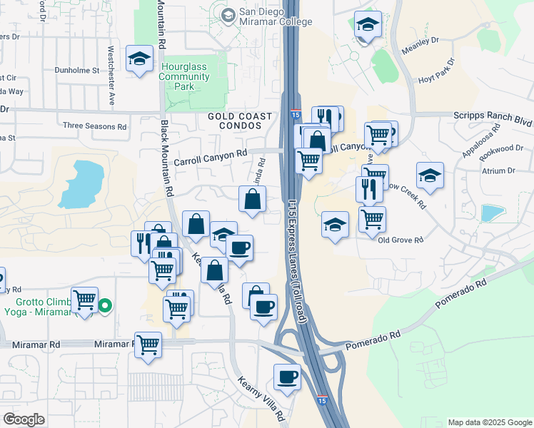 map of restaurants, bars, coffee shops, grocery stores, and more near 9791 Mesa Springs Way in San Diego
