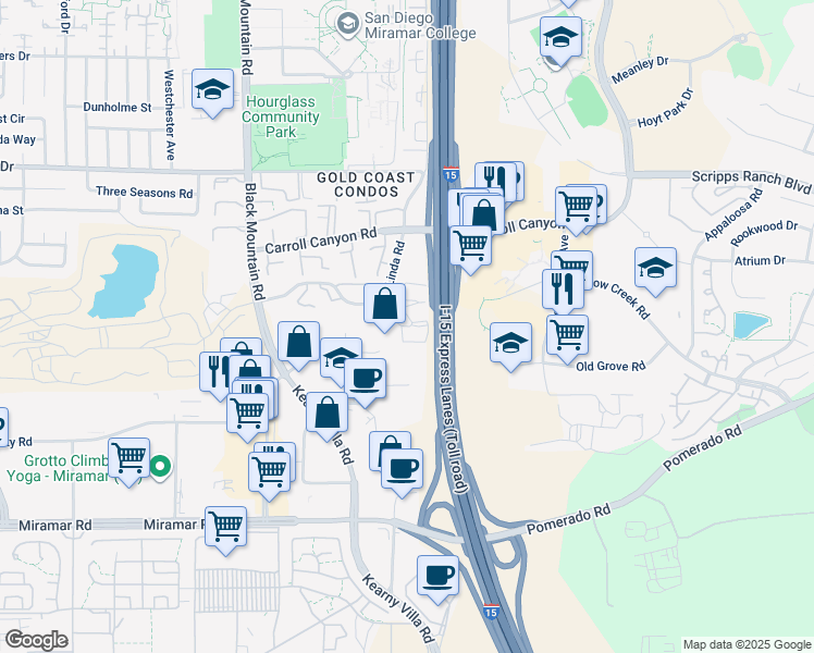 map of restaurants, bars, coffee shops, grocery stores, and more near 9785 Mesa Springs Way in San Diego