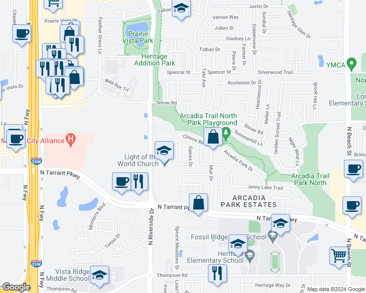 map of restaurants, bars, coffee shops, grocery stores, and more near 8732 Sumter Way in Fort Worth