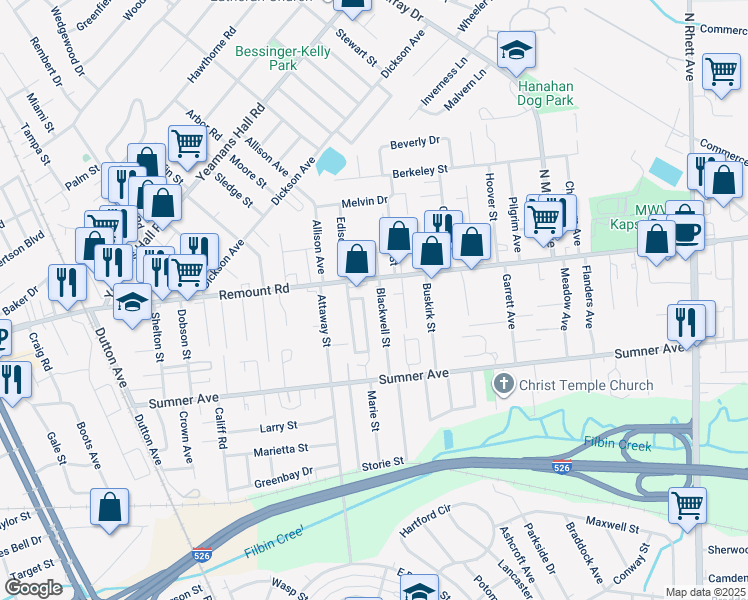 map of restaurants, bars, coffee shops, grocery stores, and more near 1444 Remount Road in North Charleston