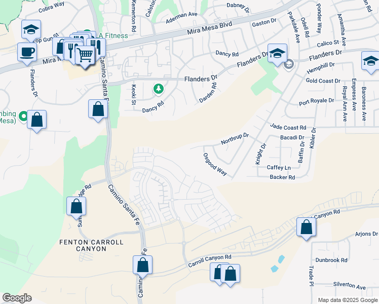 map of restaurants, bars, coffee shops, grocery stores, and more near 7403 Northrup Drive in San Diego