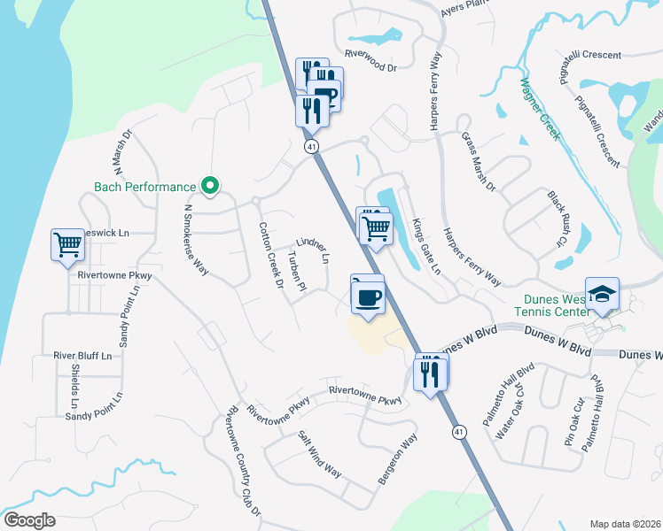 map of restaurants, bars, coffee shops, grocery stores, and more near 3355 Lindner Lane in Mount Pleasant