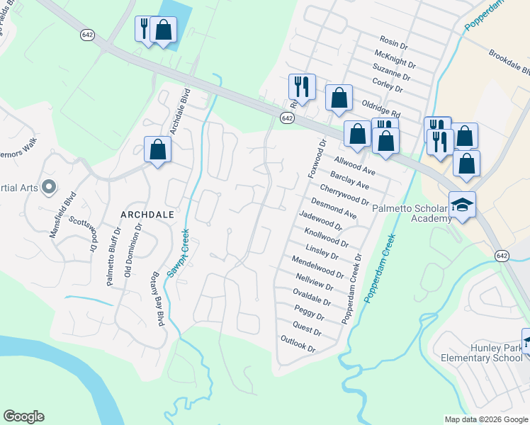 map of restaurants, bars, coffee shops, grocery stores, and more near 7891 Champion Way in North Charleston