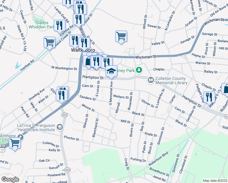 map of restaurants, bars, coffee shops, grocery stores, and more near 143 South Memorial Avenue in Walterboro