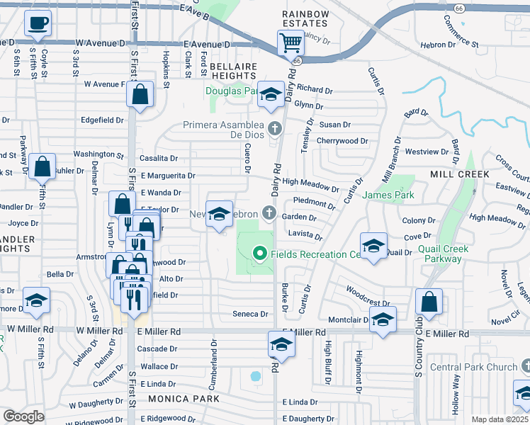 map of restaurants, bars, coffee shops, grocery stores, and more near 1313 Dairy Road in Garland