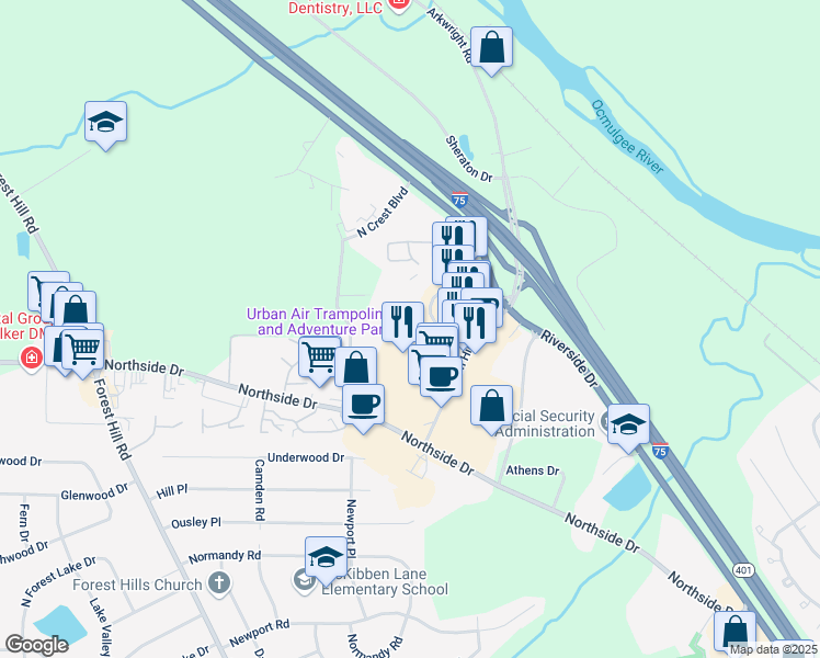 map of restaurants, bars, coffee shops, grocery stores, and more near 156 Tom Hill Sr Boulevard in Macon