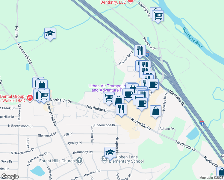 map of restaurants, bars, coffee shops, grocery stores, and more near 4070 Elnora Drive in Macon