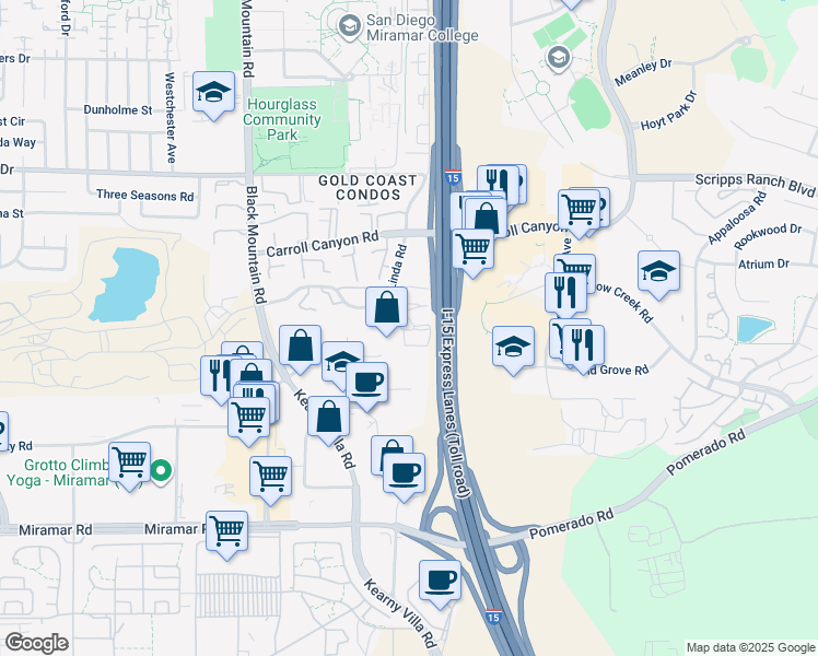 map of restaurants, bars, coffee shops, grocery stores, and more near 9740 Mesa Springs Way in San Diego