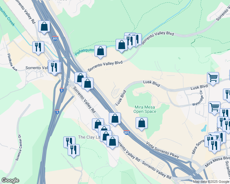 map of restaurants, bars, coffee shops, grocery stores, and more near 7475 Lusk Boulevard in San Diego