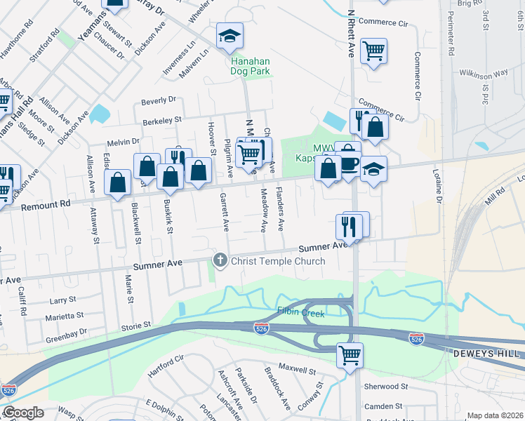 map of restaurants, bars, coffee shops, grocery stores, and more near 1275 Remount Road in North Charleston
