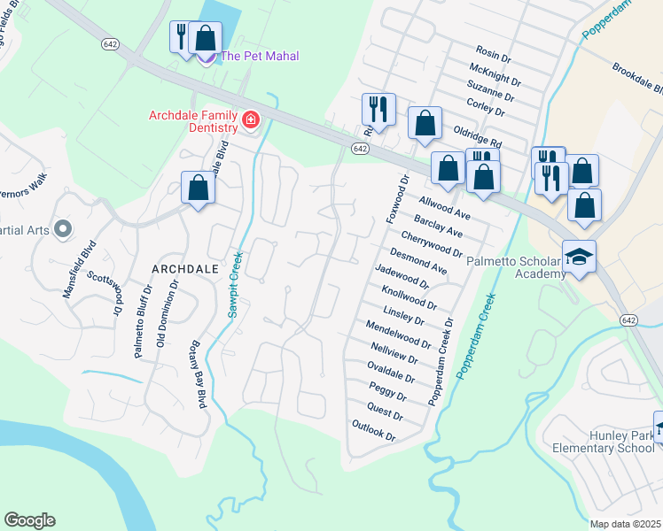 map of restaurants, bars, coffee shops, grocery stores, and more near 7890 Champion Way in North Charleston