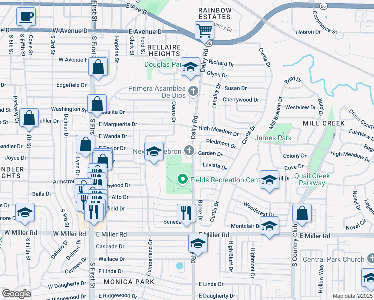 map of restaurants, bars, coffee shops, grocery stores, and more near 1313 Dairy Road in Garland