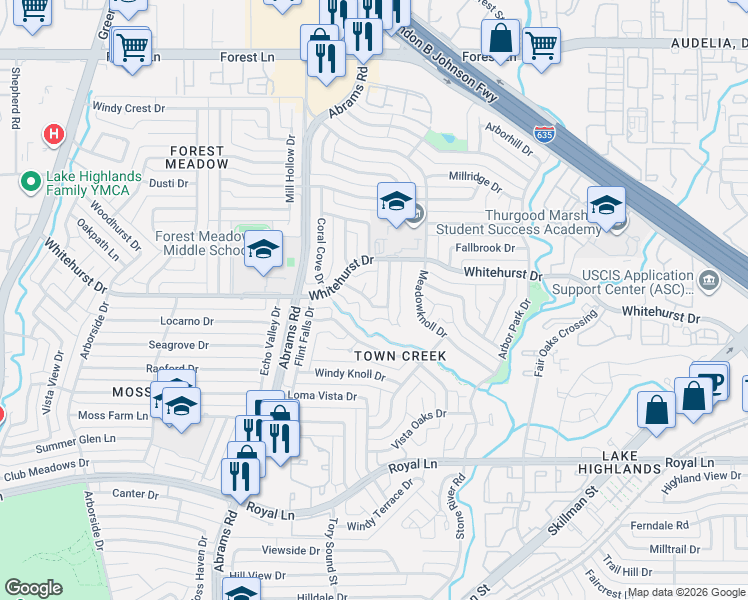 map of restaurants, bars, coffee shops, grocery stores, and more near 9423 Spring Hollow Circle in Dallas
