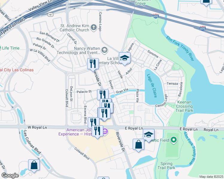 map of restaurants, bars, coffee shops, grocery stores, and more near 6777 Deseo in Irving
