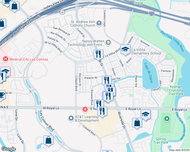 map of restaurants, bars, coffee shops, grocery stores, and more near 215 Rolling Fork Bend in Irving
