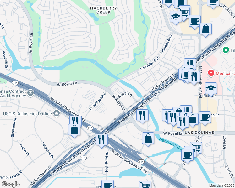 map of restaurants, bars, coffee shops, grocery stores, and more near 1721 West Royal Lane in Irving