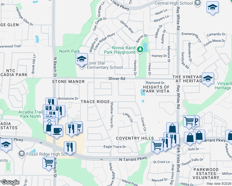 map of restaurants, bars, coffee shops, grocery stores, and more near 8833 Stirrup Way in Fort Worth