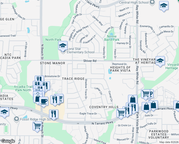 map of restaurants, bars, coffee shops, grocery stores, and more near 8833 Stirrup Way in Fort Worth