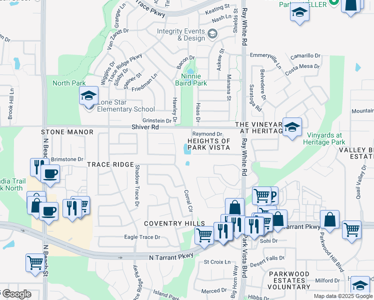 map of restaurants, bars, coffee shops, grocery stores, and more near 8801 Ray White Road in Keller
