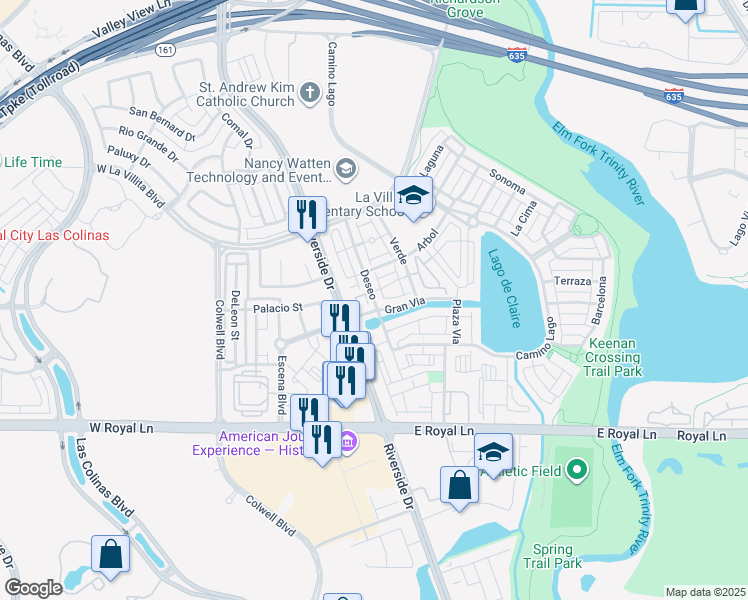 map of restaurants, bars, coffee shops, grocery stores, and more near 6727 Deseo in Irving