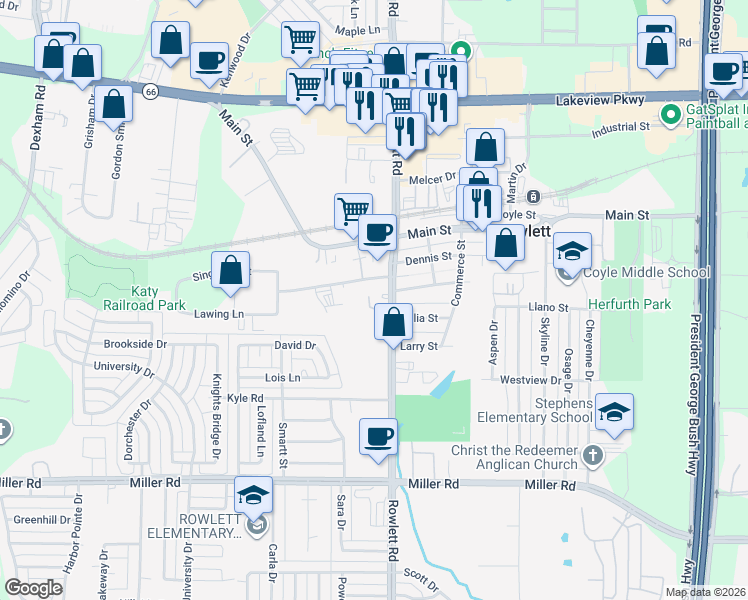 map of restaurants, bars, coffee shops, grocery stores, and more near 4401 Rowlett Road in Rowlett