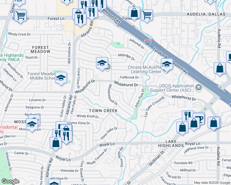map of restaurants, bars, coffee shops, grocery stores, and more near 9511 Robin Meadow Drive in Dallas