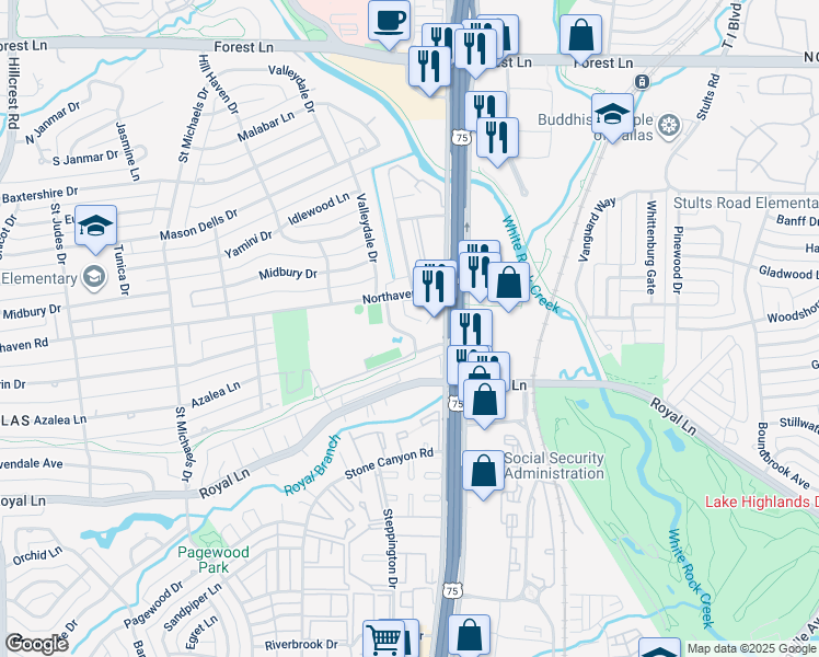map of restaurants, bars, coffee shops, grocery stores, and more near 7930 Northaven Road in Dallas