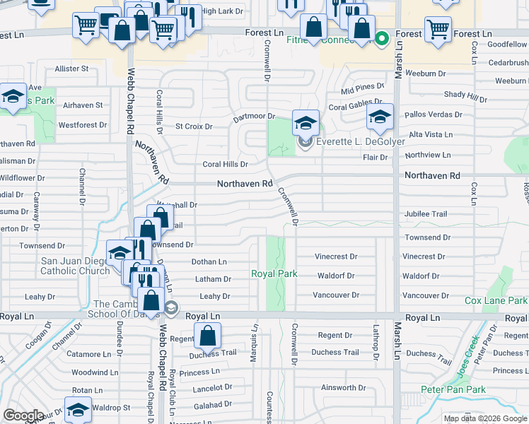 map of restaurants, bars, coffee shops, grocery stores, and more near 3349 Whitehall Drive in Dallas
