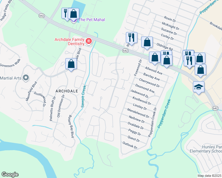 map of restaurants, bars, coffee shops, grocery stores, and more near 7935 Edgebrook Circle in North Charleston