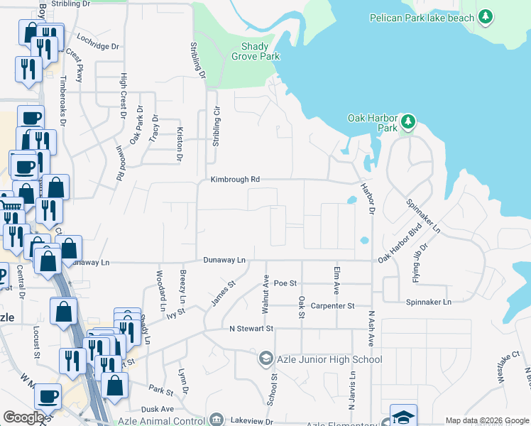 map of restaurants, bars, coffee shops, grocery stores, and more near 800 Kimbrough Road in Azle