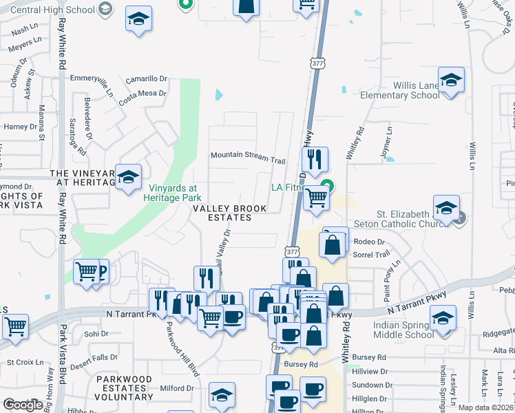 map of restaurants, bars, coffee shops, grocery stores, and more near 8829 Quarry Ridge Trail in Fort Worth